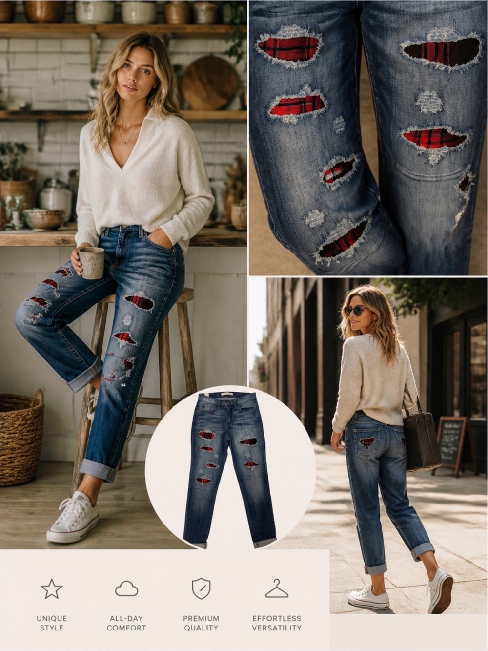 KanCan Distressed Boyfriend Jeans Plaid Patch MediumWash Cuffed Denim Size 26